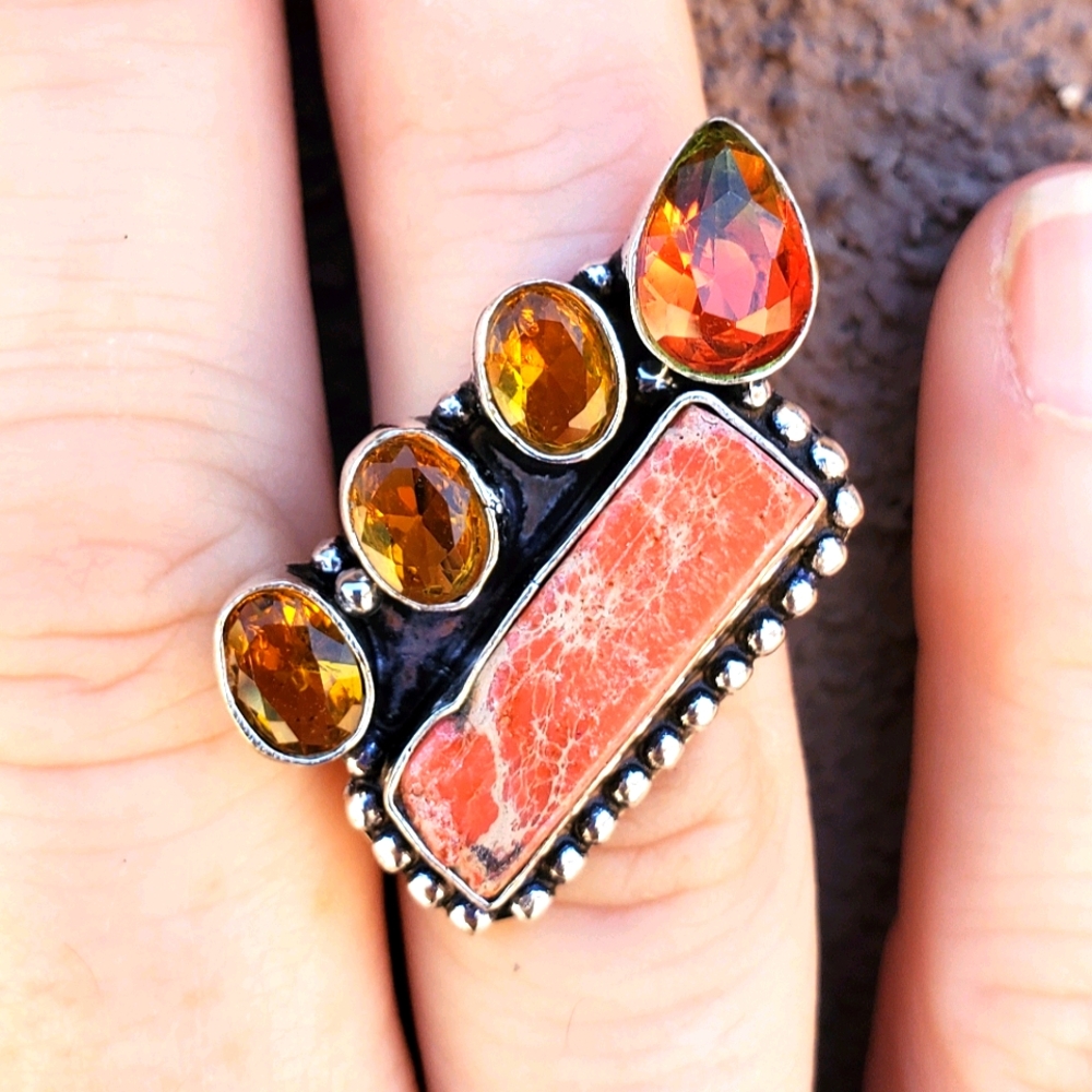 New Sea Sediment, Citrine, Tourmaline 925 Silver Ring.